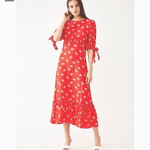 Ghost London red and white floral tie sleeve, short sleeve midi dress S